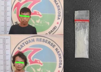 AS dan P diringkus Satres Narkoba Polres Dairi usai membuang narkotika jenis Sabu di Desa Lau Njuhar, Kecamatan Tanah Pinem Kabupaten Dairi.