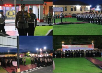 Kapolres Labuhanbatu AKBP Dr Bernhard L Malau SIK MH memimpin Apel Pergeseran Pasukan (Serpas) pengamanan Pemilu tahun 2024 untuk wilayah Kabupaten Labuhanbatu dan Labuhanbatu Utara
