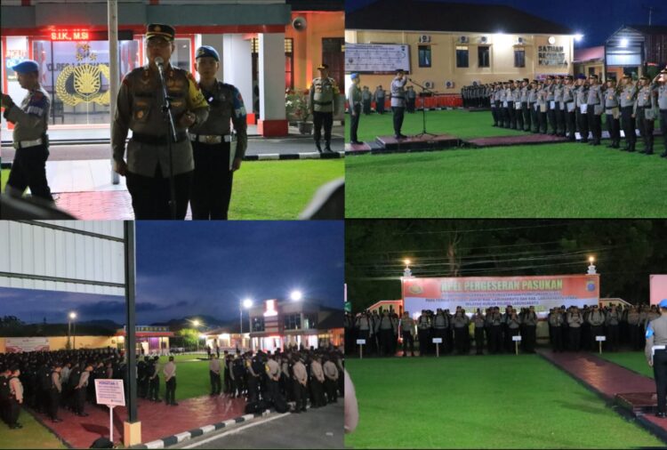 Kapolres Labuhanbatu AKBP Dr Bernhard L Malau SIK MH memimpin Apel Pergeseran Pasukan (Serpas) pengamanan Pemilu tahun 2024 untuk wilayah Kabupaten Labuhanbatu dan Labuhanbatu Utara
