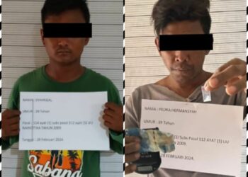 DIAMANKAN: Dua tersangka pengedar narkoba berinisial PH dan SY diamankan di Mako Satres Narkoba Polrestabes Medan berikut barang bukti sabu, Rabu (28/2/2024).(Foto Dok/Satres Narkoba)