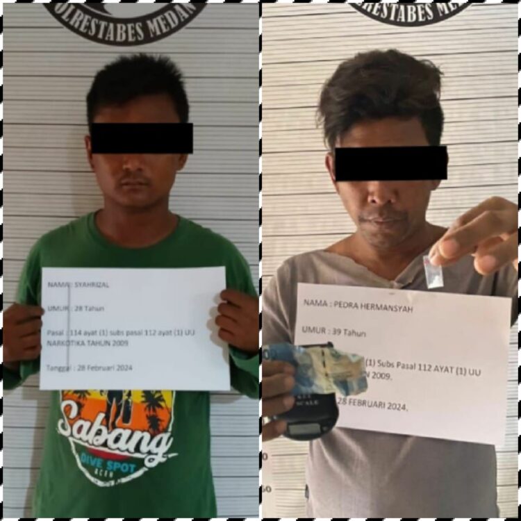 DIAMANKAN: Dua tersangka pengedar narkoba berinisial PH dan SY diamankan di Mako Satres Narkoba Polrestabes Medan berikut barang bukti sabu, Rabu (28/2/2024).(Foto Dok/Satres Narkoba)