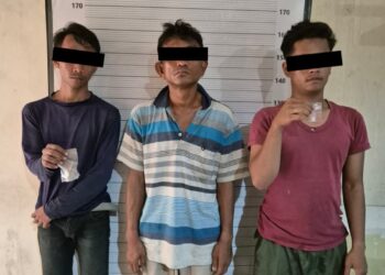 PENGEDAR DAN PEMANTAU: Tiga tersangka pengedar narkoba dan pemantau berinisial SFH, KA dan JF menunjukkan barang bukti sabu dan ganja di Mako Satres Narkoba Polrestabes Medan, Selasa (20/2/2024).(Foto Dok/Satres Narkoba)