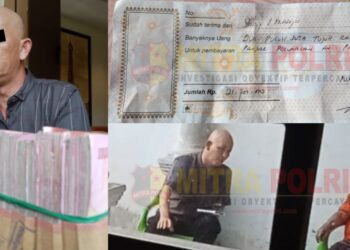 BUKTI : Foto M. Nainggolan dengan uang diduga hasil penipuan (kiri) serta bukti Kwitansi penerimaan uang Rp. 21.700.000 dari Pak Sarif kepada M. Nainggolan (kanan atas) dan foto ketika M. Nainggolan menemui Pak Sarif di rumahnya di Desa Pulau Tanjung, Kecamatan Teluk Dalam, Kabupaten Asahan - Sumut. (Foto : Dok/Mitrapolri.com)