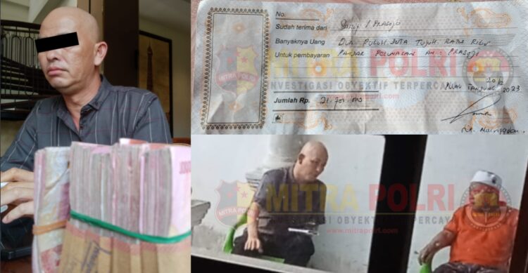BUKTI : Foto M. Nainggolan dengan uang diduga hasil penipuan (kiri) serta bukti Kwitansi penerimaan uang Rp. 21.700.000 dari Pak Sarif kepada M. Nainggolan (kanan atas) dan foto ketika M. Nainggolan menemui Pak Sarif di rumahnya di Desa Pulau Tanjung, Kecamatan Teluk Dalam, Kabupaten Asahan - Sumut. (Foto : Dok/Mitrapolri.com)
