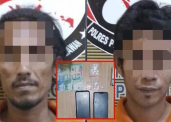 DIAMANKAN: Dua pria pengedar sabu di Kota Bangun, Medan Deli, diamankan di Mapolres Pelabuhan Belawan, Senin (18/3/2024) setelah diringkus dari Kota Bangun.(Foto Dok/Polres Belawan)