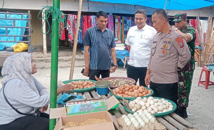 MONITORING HARGA : Kapolsek Telukmengkudu AKP Sugiono bersama Camat Rizky Abdullah Nasution dan Danramil 09/TM Kapten Inf Selamet Hidayat monitoring harga dan ketersediaan bahan pokok di Pasar Rakyat Telukmengkudu, Rabu (6/3/2024). (Foto Dok/Humas Polres)