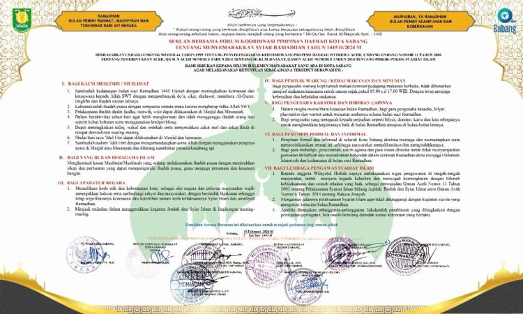 Pemerintah Kota Sabang bersama Forkopimda serta Majelis Permusyawaratan Ulama Kota Sabang keluarkan seruan bersama dan imbauan, terkait pelaksanaan ibadah selama bulan bulan suci Ramadhan 1445 Hijriah tahun 2024.