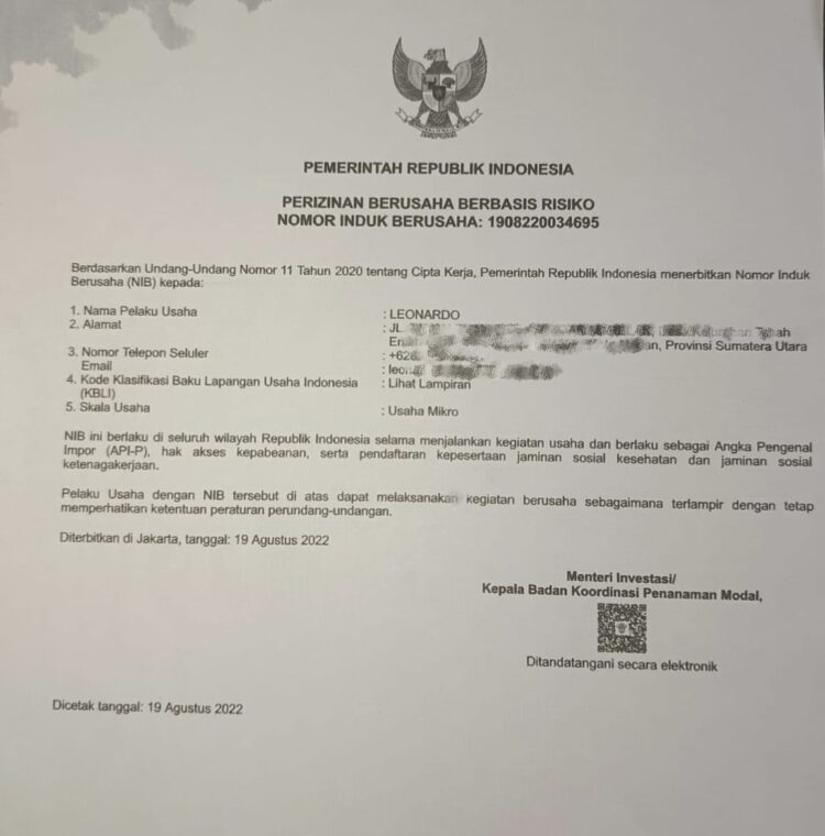 Izin usaha terdaftar sejak tahun 2021 Pemilik atas nama Leonardo, NIB : 1908220034695.