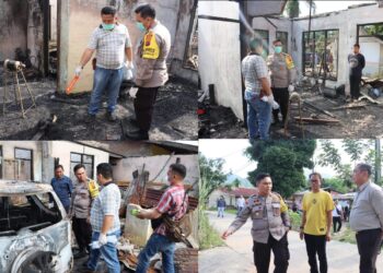 Kapolres Labuhanbatu AKBP Dr Bernhard L. Malau, SIK, MH beserta Waka Polres Kompol H. Matondang, SH, MH serta para Pejabat Utama Polres turun langsung ke lokasi kebakaran rumah milik Junaidi Marpaung di Lingkugan Talsim Kelurahan Sirandorung Kabupaten Labuhanbatu, Kamis (21/03/2024).