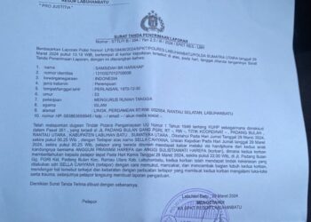 Surat tanda Terima Laporan No.LP/B/390/III/2024/SPKT/Polres Labuhanbatu terlapor atas nama Sella Cahyana diduga telah melakukan penganiayaan terhadap kedua anaknya di Jalan Padang Bulan, Kabupaten Labuhanbatu.