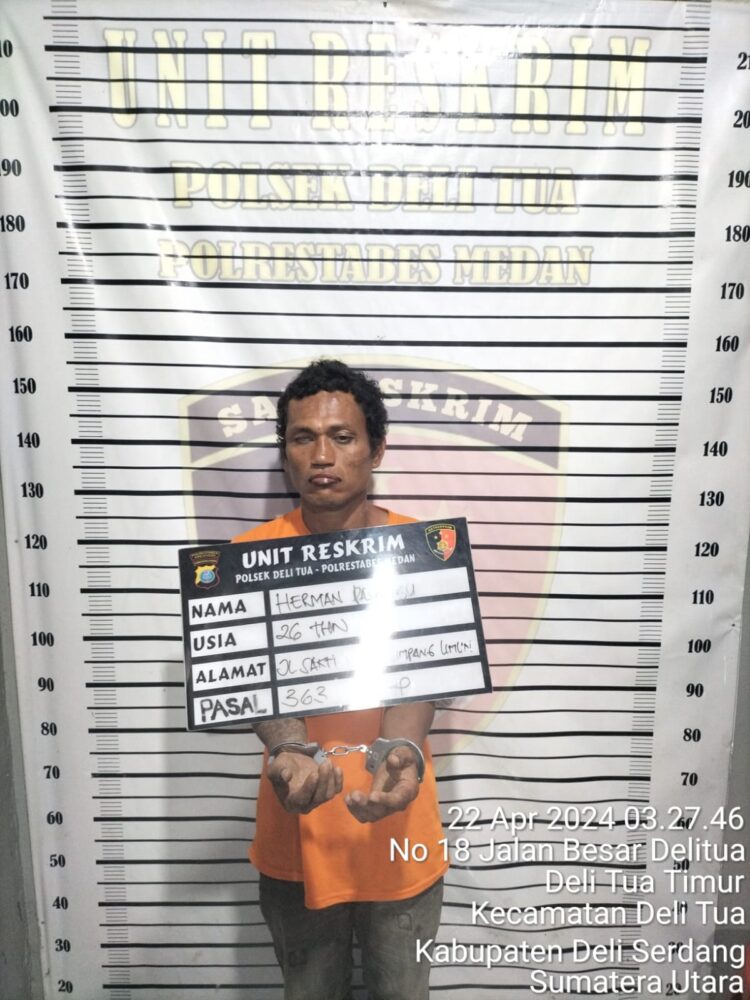 DIAMANKAN: Pelaku H berhasil diamankan Polsek Delitua, Senin (22/4/2024) sekira pukul 02.00 WIB dini hari. (Foto Dok/ Polsek Delitua)