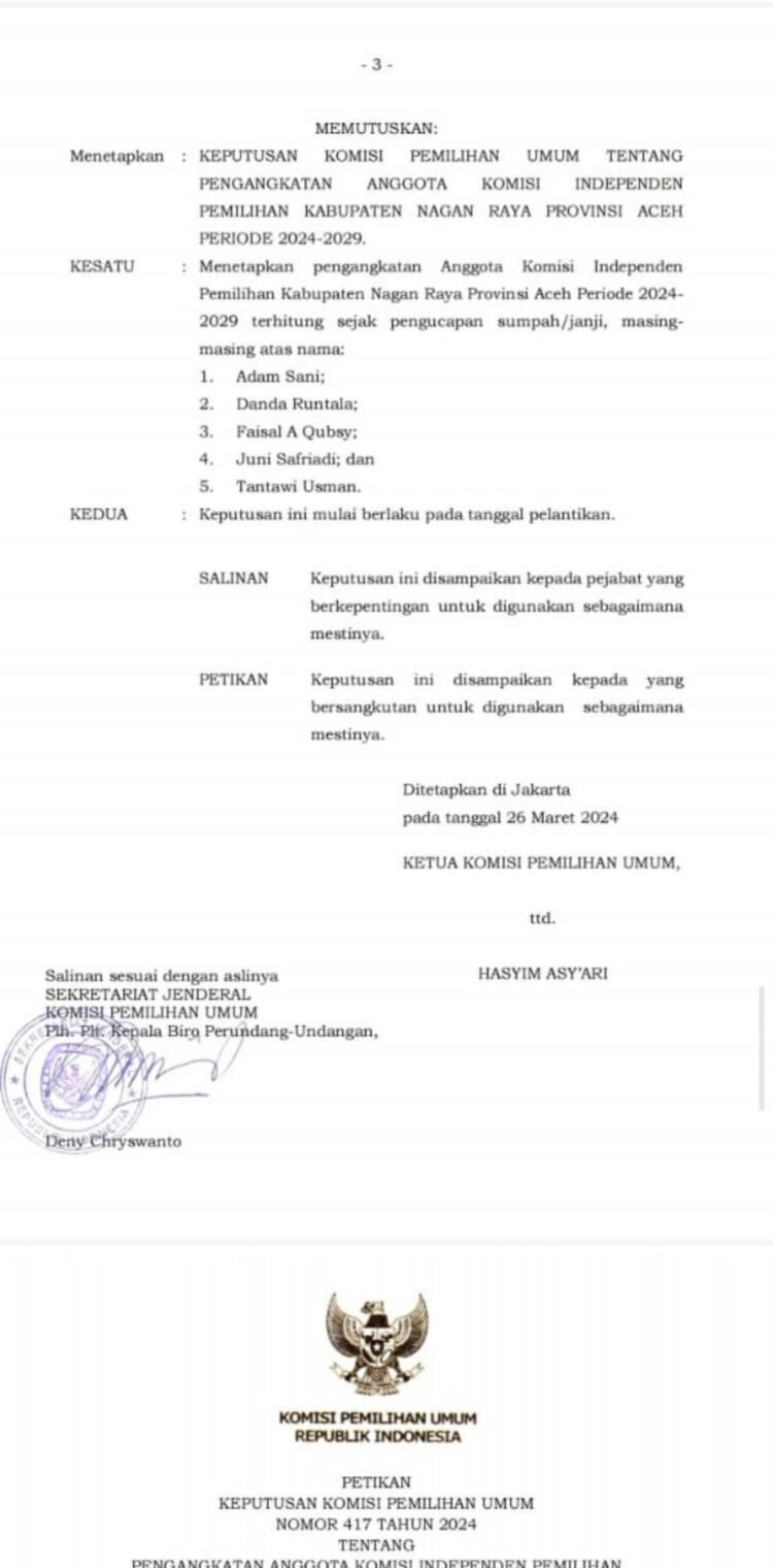 Surat Keputusan dari Komisi Pemilihan Umum (KPU) RI