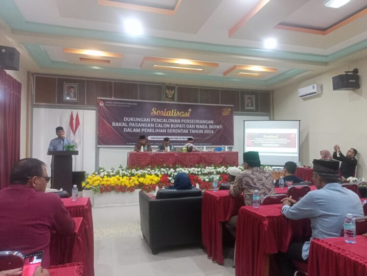 Komisi Independen Pemilihan (KIP) Kabupaten Nagan Raya, Aceh melaksanakan sosialisasi dukungan pencalonan calon Bupati dan Wakil Bupati dalam pemilihan serentak tahun 2024. Kegiatan yang digelar Rabu (01/05/24) di aula Grand Nagan Hotel Kawasan Desa Simpang Peut Kuala Nagan Raya.