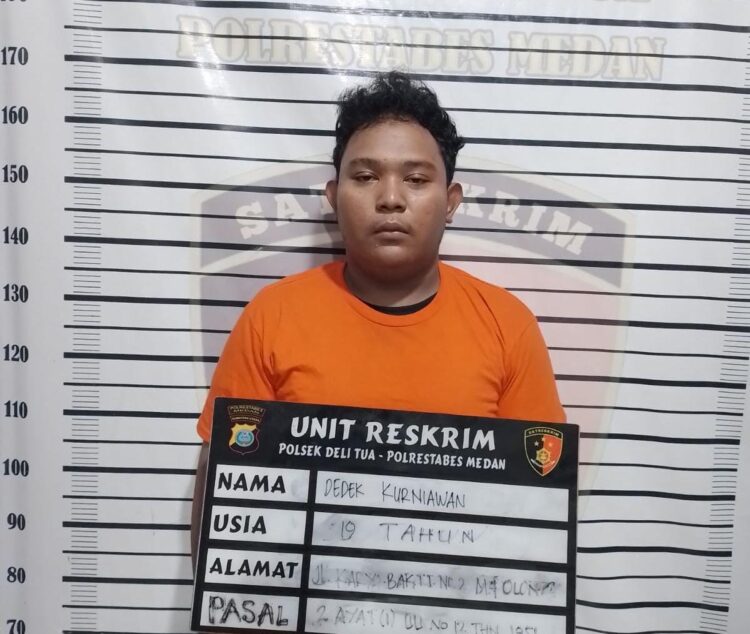 DITANGKAP: Polsek Delitua menangkap pelaku tawuran Dedem Kurniawan (19) warga Jalan Karya Bakti Kelurahsn Sari Rejo Kecamatan Medan Polonia Kota Medan. (Foto Dok/ Poksek Delitua)