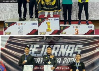 BERHASIL: Polwan Dit Samapta Polda Sumut Bripda Inggrid yang berhasil menyabet dua medali emas pada Kejurnas Taekwondo Pangkostrad Cup 2024 dan personel Bid Humas Polda Sumut Briptu Arnold Steven Hall berhasil membawa 2 medali emas. (Foto Dok/ Polda Sumut)
