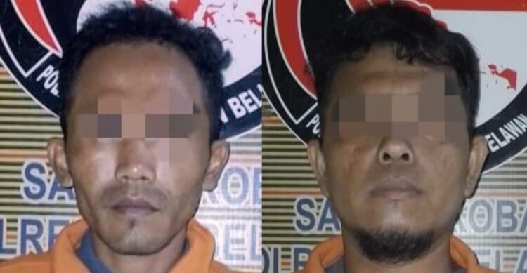 Diamankan : Dua pria tersangka pengedar sabu diamankan di Mapolres Pelabuhan Belawan, Senin (3/6/2024), setelah dibekuk dari Komplek Yuka, Kelurahan Terjun, Marelan.(Foto Dok/Polres Belawan)