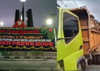 (dari Kiri - Kanan) di depan Mapolres Pematang Siantar terpampang karangan bunga sebagai ucapan terimakasih dari warga pasar sore Kota Pematang Siantar dan truk tangki CPO saat setelah berhenti karena ditahan dumptruk sawit milik PTPN IV Marihat. (Foto : Dok/Mitrapolri.com)
