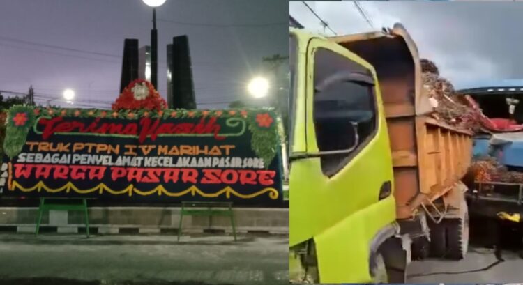 (dari Kiri - Kanan) di depan Mapolres Pematang Siantar terpampang karangan bunga sebagai ucapan terimakasih dari warga pasar sore Kota Pematang Siantar dan truk tangki CPO saat setelah berhenti karena ditahan dumptruk sawit milik PTPN IV Marihat. (Foto : Dok/Mitrapolri.com)