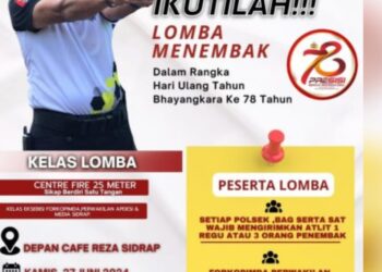 Dalam rangka Hari Ulang Tahun (HUT) Bhayangkara ke-78, Kepolisian Resor (Polres) Sidrap Polda Sulsel akan menyelenggarakan lomba menembak khusus untuk anggota. Sementara Forkopimda, Apdesi dan rekan Media akan turut serta melakukan eksibisi. Acara ini dijadwalkan akan berlangsung pada tanggal 27 Juni 2024 di Lapangan Tembak Polres Sidrap depan Cafe Reza Kec. Watang Pulu, Kab. Sidrap.