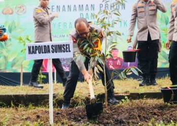 Kapolda tampak dengan hati hati meletakkan bibit pohon Durian beukuran 1,5 meter pada lubang yang telah disiapkan panitia, kemudian tanpa canggung menggunakan cangkul menimbun urukan dan memberikan pupuk kompos.