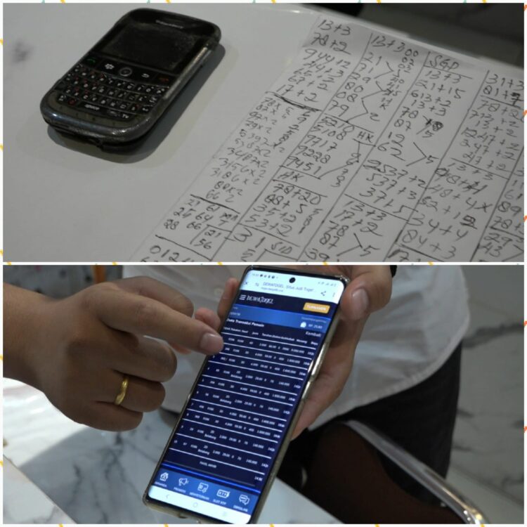 DIAMANKAN: Barang bukti 2 lembar rekapan nomor tebakan judi togel onlie, handphone yang digunakan kedua tersangka S alias T dan RP diamankan di Mako Sat Reskrim Polrestabes Medan, Rabu (26/6/2024).(Foto Dok/Polrestabes)