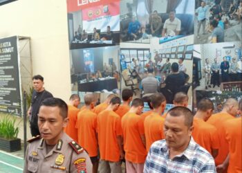 NB: Jefri Helmi Nasution, Muslim, Marwan Effendi Lubis, Suherman, M Pringadi, Reja Agustian Situmorang, Definitif Waruwu, Alexander Marbun, Ardiansyah, Muhammad Fikram, M Awaluddin, Amri Pasya (52), Nur Hendra, Dimas, Eko Suwarno, Ramon Hutagalung - BELASAN PELAKU KEJAHATAN: Kapolsek Medan Timur Kompol Briston Agus Napitupulu didampingi Kanit Reskrim AKP Budiman Simanjuntak memberikan keterangan terkait penangkapan belasan pelaku kejahatan, di Mapolsek, Rabu (26/6/2024).(Foto Dok/Polsek)