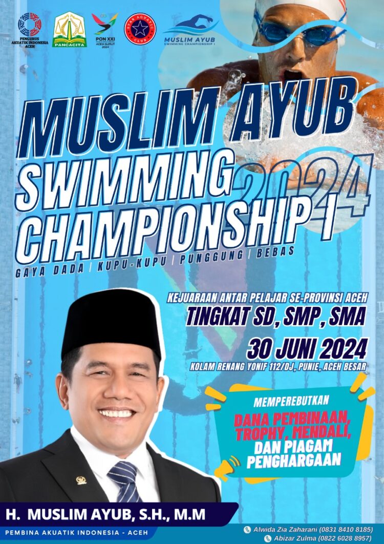 Muslim Ayub Swimming Championship 1 selenggarakan perlombaan cabang renang tingkat SD-SMP-SMA se-Aceh yang akan di gelar pada tanggal 30 Juni 2024 dikolam renang Yonif 112/DJ, Punie. Aceh Besar, pertandingan tersebut dilakukan sebagai ajang Pemanasan dan persiapan PON Aceh dan Final O2SN di Jakarta agustus 2024 mendatang.