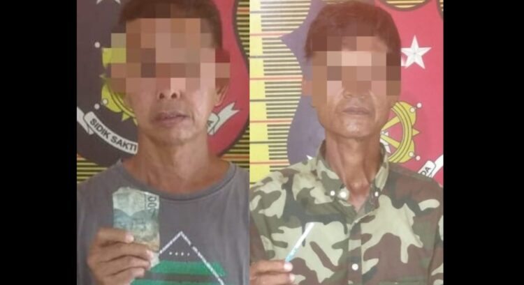 DITANGKAP: Dua pria terduga pelaku pungli, diamankan di Mapolsek Belawan, Minggu (14/7/2024), setelah ditangkap dari kawasan Simpang Kampung Salam dan Pajak Baru Belawan.(Foto Dok/Polres Belawan)
