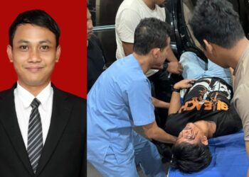 Ketua LBH PDM Kota Medan, Imam Rusyadi Pangat, SH (Foto Ist) dan foto Korban A digotong ke dalam mobil untuk dibawa ke RS Bhayangkara usai dikeroyok A dan empat rekannya di Cafe Mahoni, Sabtu (20/7/2024). (Foto:Dok/warga)