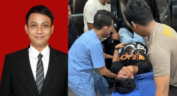 Ketua LBH PDM Kota Medan, Imam Rusyadi Pangat, SH (Foto Ist) dan foto Korban A digotong ke dalam mobil untuk dibawa ke RS Bhayangkara usai dikeroyok A dan empat rekannya di Cafe Mahoni, Sabtu (20/7/2024). (Foto:Dok/warga)