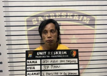Polsek Delitua mengamankan DA alias Delon (37) di Jalan Pintu Air IV Gang Sekolah Kelurahan Kwala Bekala Kecamatan Medan Johor, Sabtu (20/7/2024). (Foto Dok/ Polda Sumut)