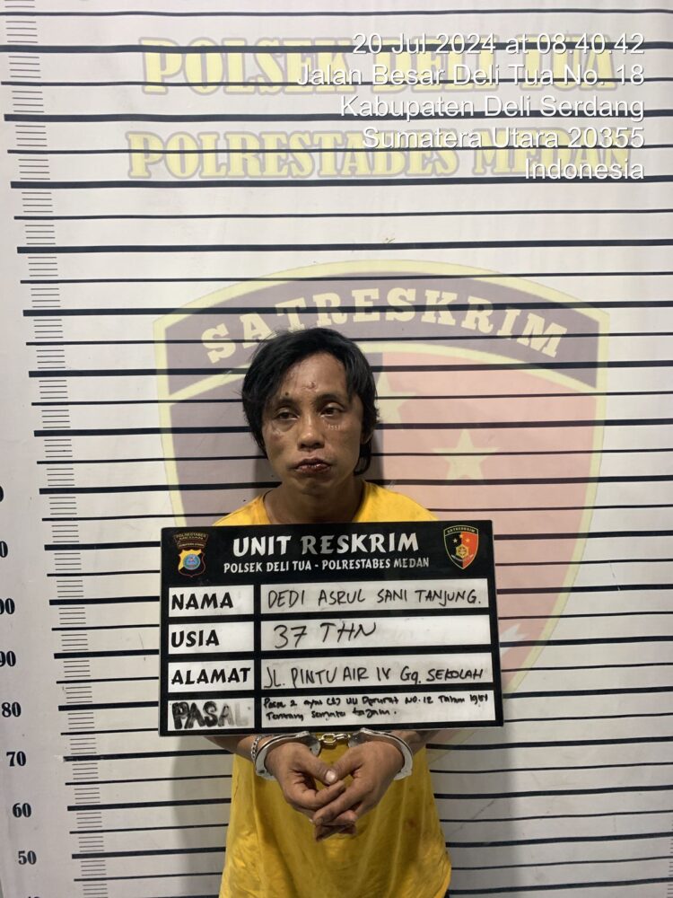 Polsek Delitua mengamankan DA alias Delon (37) di Jalan Pintu Air IV Gang Sekolah Kelurahan Kwala Bekala Kecamatan Medan Johor, Sabtu (20/7/2024). (Foto Dok/ Polda Sumut)