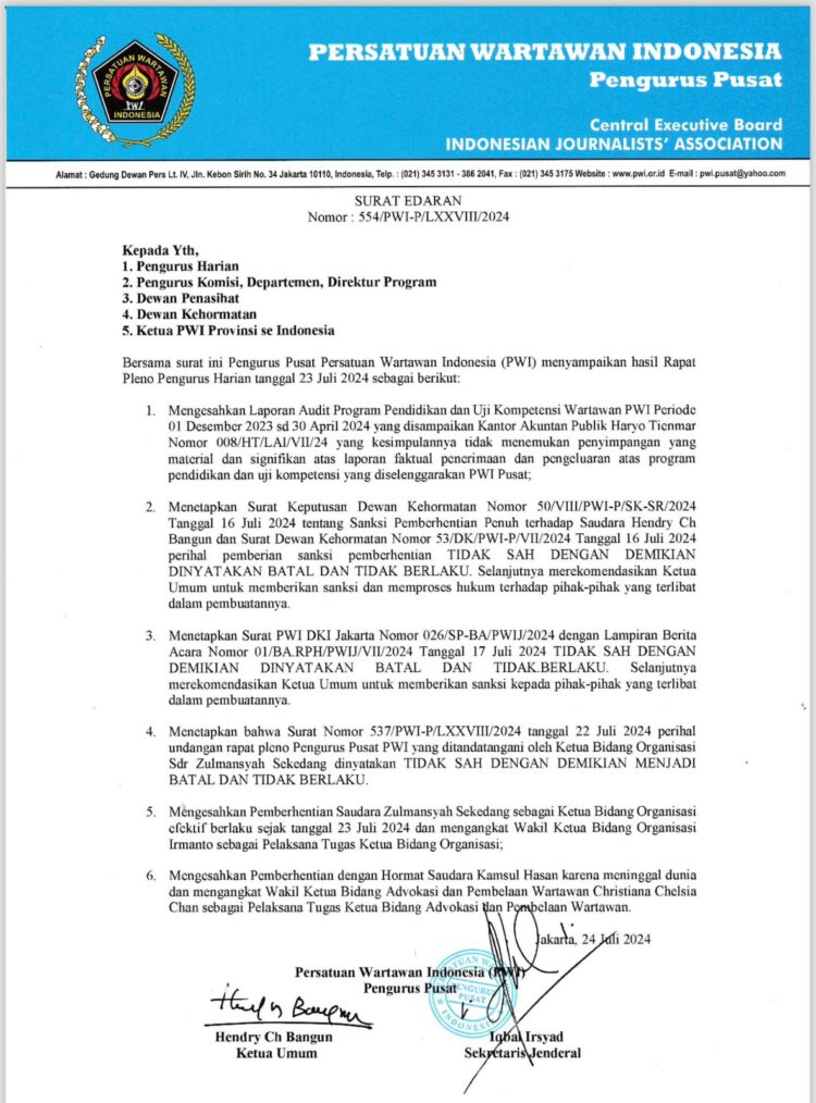 Berikut kutipan Surat Edaran Nomor: 554/PWI-P/LXXVIII/2024 Tanggal 24 Juli 2024.