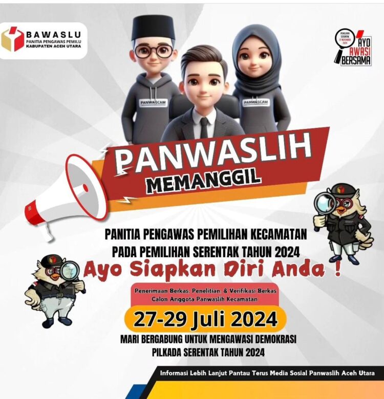 Panitia Pengawas Pemilihan (Panwaslih) Kabupaten Aceh Utara membuka pendaftaran Panitia Pengawas Pemilu Kecamatan (Panwascam) Pemilihan Kepala Daerah (Pilkada) serentak tahun 2024.