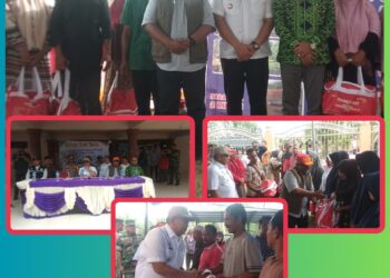 Penjabat Bupati Aceh Utara Dr Mahyuzar, MSi, mendampingi Penjabat Gubernur Aceh Bustami Hamzah, SE, MSi, saat menyerahkan bantuan masa panik untuk korban bencana alam angin kencang yang terjadi pada Kamis pekan lalu.