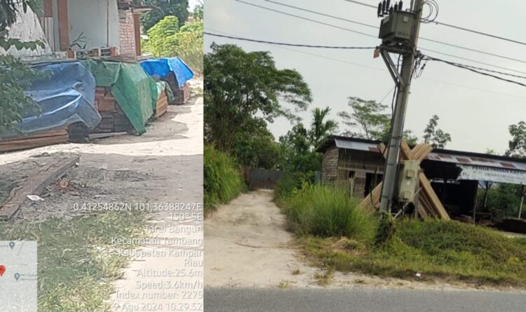 DITEMUKAN : hasil kayu olahan kayu ilegal disimpan di Perumahan Griya Pratama Kencana Jalan Bupati Kecamatan Tambang, Kabupaten Kampar (foto kiri) - Lokasi sawmil milik WASLIEM, sawmill IMMAS dan sawmill ZOEL yang juga berada di Jalan Bupati Kecamatan Tambang, Kabupaten Kampar (foto kanan) tidak jauh dari lokasi penyimpanan hasil olahan kayu di Perumahan Griya Pratama Kencana (Foto : Dok/Mitrapolri.com)