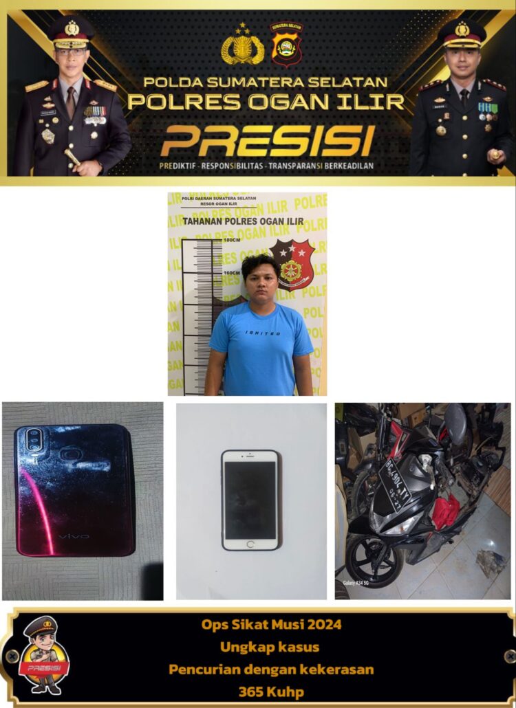 Satreskrim Polres Ogan Ilir berhasil menangkap seorang pelaku tindak pidana pencurian dengan kekerasan. Penangkapan tersebut dilakukan di bawah pimpinan Kasat Reskrim AKP M. Ilham, SIK, MM., dengan dibantu oleh Kanit Pidum IPDA Ettah Juliansyah, SE., dan Tim Macan OI Opsnal Pidum Satreskrim Polres Ogan Ilir, Jum'at (09/08/2024).