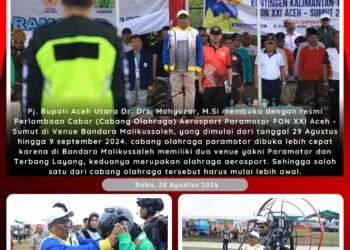 Penjabat (Pj) Bupati Aceh Utara Dr Mahyuzar resmi membuka pekan olahraga nasional (PON) XXI Aceh-Sumut 2024, Cabang Olahraga Aerosport Paramotor di Veneu Bandara Malikussaleh, Aceh Utara, Rabu (28/8/24).