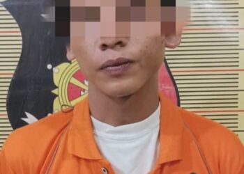 DiRINGKUS : Seorang pria, tersangka pelaku penggelapan sepeda motor, diringkus di Mapolsek Hamparan Perak, Jumat (18/10/2024), (Foto Dok/Polres Belawan)