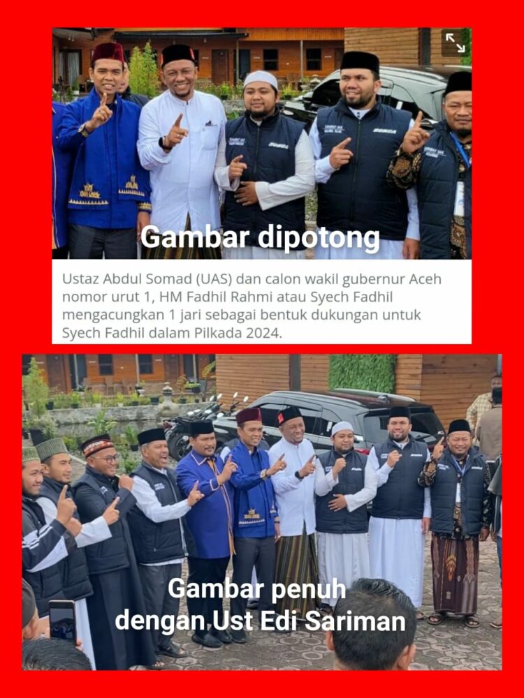 Framing media yang seolah-olah UAS mendukung pasangan calon gubernur dan wakil gubernur nomor urut 1. Beberapa media menampilkan foto UAS dan Syech Fadhil dengan narasi “UAS mendukung Syech Fadhil dalam Pilkada 2024,” padahal foto itu telah melalui proses pengeditan. Dalam foto aslinya, terlihat Ustaz Edi Sariman Usman berada di samping UAS, tetapi bagian tersebut dipotong dalam versi yang beredar.