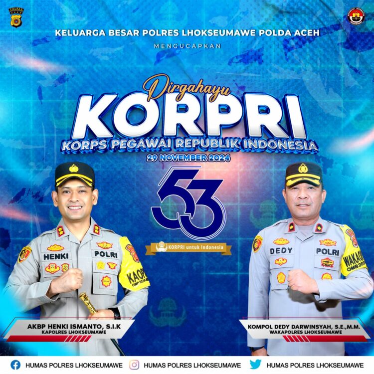 Ucapan selamat Hari Ulang Tahun (HUT) Korps Pegawai Republik Indonesia (Korpri) ke-53 dari Polres Lhokseumawe