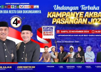 Pasangan Calon Bupati dan Wakil Bupati Nagan Raya, nomor urut 4, Jonniadi dan Zaini Mantri Doi akan menggelar kampanye akbar di Lapangan Bola Kaki Alue Bilie, pada Sabtu (23/11/24) mendatang.