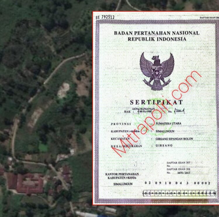 Lokasi Tanah di Jl. Ompu Ranjo Sinaga Parapat Kabupaten Simalungun dan Sertifikat Hak Milik atas nama Maruahal Nomor 220/Girsang (Foto. Dok/Mitrapolri.com)