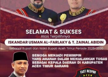 Keluarga Besar Persatuan Wartawan Fast Respon Nusantara Propinsi Aceh yang dinahkodai oleh (Abu Khaidir) melalui sekjennya menyampaikan ucapan selamat dan sukses kepada Bapak Iskandar Usman Alfarlaky dan Bapak T. Zainal Abidin atas terpilihnya sebagai Bupati kabupaten aceh timur periode 2025-2030.