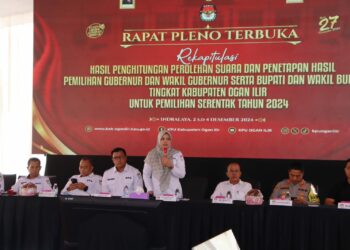 Kapolres Ogan Ilir AKBP Bagus Suryo Wibowo, S.I.K., menghadiri Rapat Pleno Terbuka Komisi Pemilihan Umum (KPU) Kabupaten Ogan Ilir terkait penghitungan suara Pilkada Serentak 2024. Acara tersebut berlangsung pada Senin, 2 Desember 2024, di Gedung KPU Ogan Ilir, dihadiri oleh berbagai pihak yang terlibat dalam proses pemilihan, termasuk saksi, pengawas pemilu, dan masyarakat.