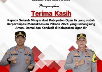Kapolres Ogan Ilir AKBP Bagus Suryo Wibowo, S.I.K., menyampaikan ucapan terima kasih dan apresiasi yang mendalam kepada seluruh instansi terkait, termasuk Komisi Pemilihan Umum (KPU) dan Badan Pengawas Pemilu (Bawaslu) Kabupaten Ogan Ilir, serta masyarakat Kabupaten Ogan Ilir atas suksesnya pelaksanaan pesta demokrasi serentak pada 27 Desember 2024.