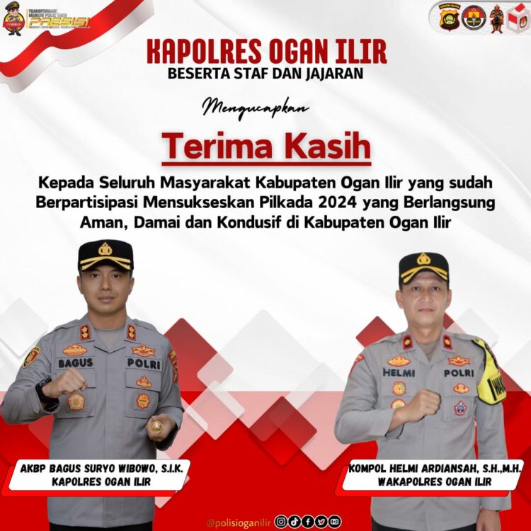 Kapolres Ogan Ilir AKBP Bagus Suryo Wibowo, S.I.K., menyampaikan ucapan terima kasih dan apresiasi yang mendalam kepada seluruh instansi terkait, termasuk Komisi Pemilihan Umum (KPU) dan Badan Pengawas Pemilu (Bawaslu) Kabupaten Ogan Ilir, serta masyarakat Kabupaten Ogan Ilir atas suksesnya pelaksanaan pesta demokrasi serentak pada 27 Desember 2024.