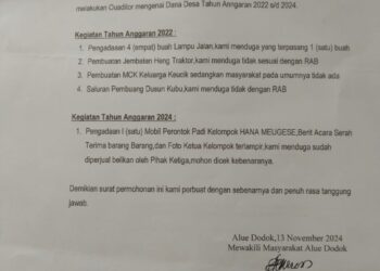 Berdasarkan surat permohonan audit, Alue Dodok, 13 November 2024, yang ditanda tangan oleh perwakilan masyarakat gampong tersebut, T. Raja Don, Kami atas nama Masyarakat Gampong Alue Dodok, Kecamatan Seunagan, Kabupaten Nagan Raya memohon kepada Pj Bupati Inspektur untuk melakukan Auditor mengenai Dana Desa Tahun Anggaran 2022 s/d 2024.