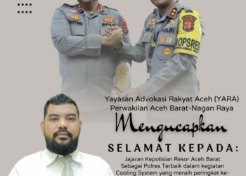 Kepolisian Resor Aceh Barat, Polda Aceh, mendapat penghargaan Terbaik 1 dalam penilaian Kegiatatan Cooling System dan Deteksi terbanyak polres dan polresta se-Jajaran Polda Aceh, Ketua Perwakilan Yayasan Advokasi Rakyat Aceh (YARA) Aceh Barat, Hamdani, ucapkan selamat dan memberikan apresiasi.