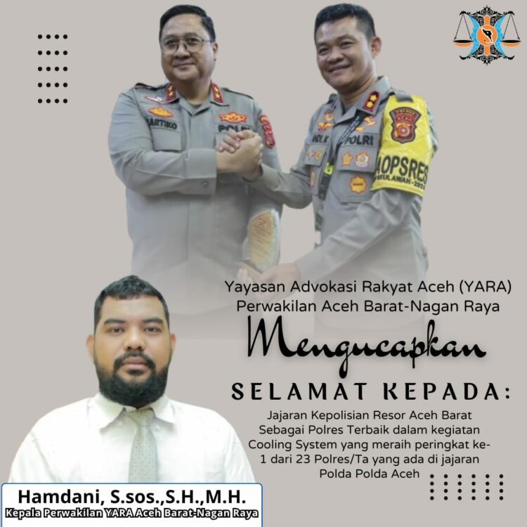 Kepolisian Resor Aceh Barat, Polda Aceh, mendapat penghargaan Terbaik 1 dalam penilaian Kegiatatan Cooling System dan Deteksi terbanyak polres dan polresta se-Jajaran Polda Aceh, Ketua Perwakilan Yayasan Advokasi Rakyat Aceh (YARA) Aceh Barat, Hamdani, ucapkan selamat dan memberikan apresiasi.